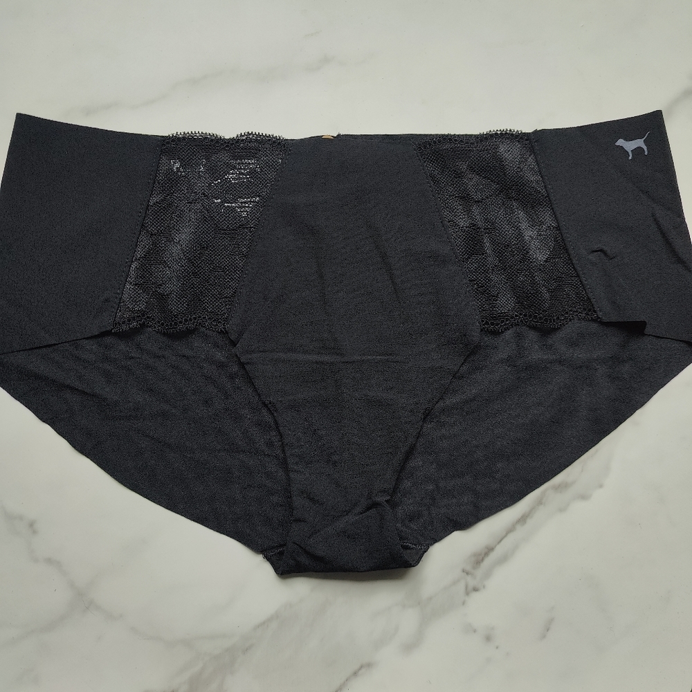 NWT PINK VICTORIA'S SECRET LACE TRIM NO-SHOW HIPSTER PANTY IN PURE BLACK SIZE XL